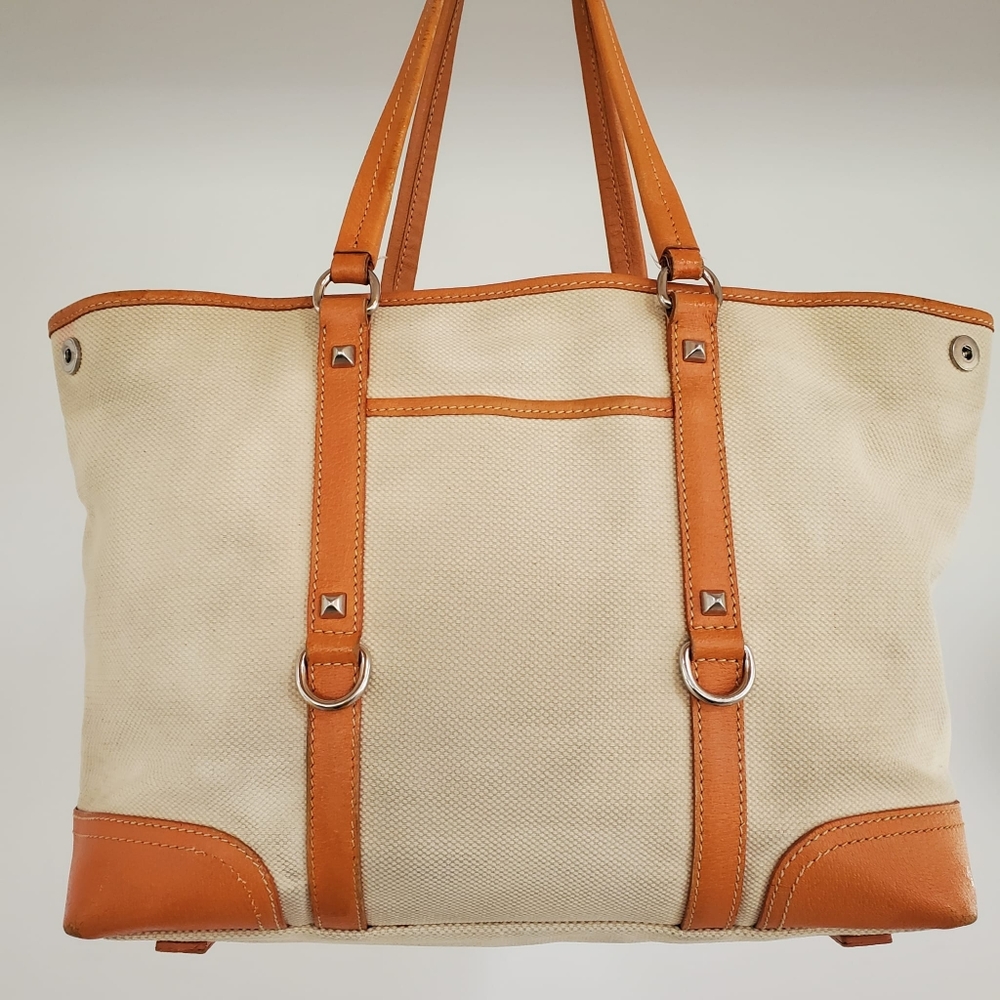 Prada Beige Canvas and Orange Leather TrimTote Bag - Picture 2 of 16